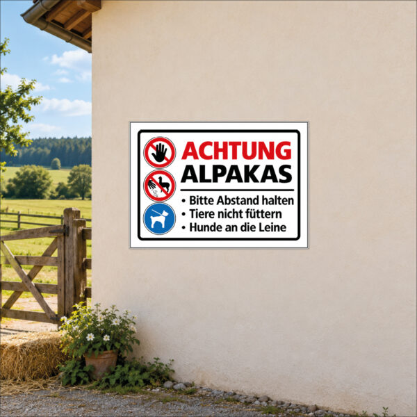 Achtung Alpakas – Abstand halten und Hunde anleinen – Schild – Bild 2