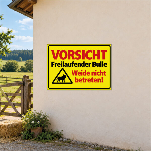 Vorsicht freilaufender Bulle – Weide nicht betreten – Warnschild – Bild 2