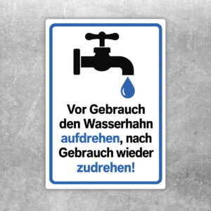 Aufkleber: Wasserhahn nach Gebrauch zudrehen mit schwarzem Wasserhahn und blauem Tropfen