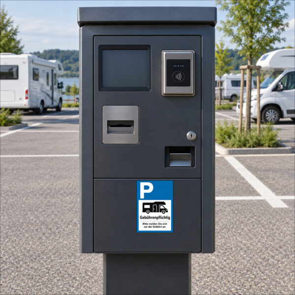 KI-generierte Szene: Gebührenpflichtig-Aufkleber auf glatter Kassenautomatentür