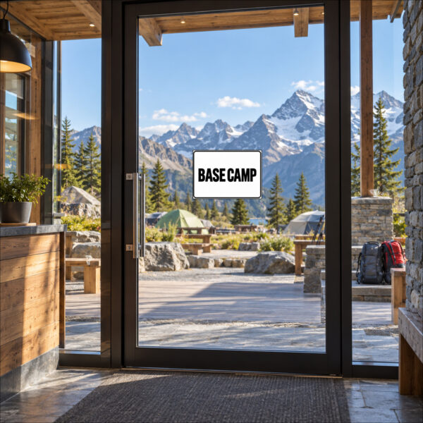 Base-Camp-Aufkleber auf glatter Glasscheibe am Camp-Eingang – KI-generiertes Anwendungsbild