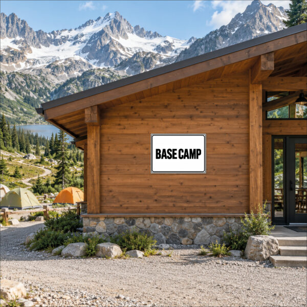 Base-Camp-Schild auf durchgehender Holzwand an einer Outdoor-Lodge – KI-generiertes Anwendungsbild