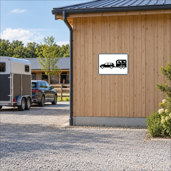 Pferdeanhänger-Schild an durchgehender Stallwand neben Hofzufahrt – KI-generiertes Anwendungsbild