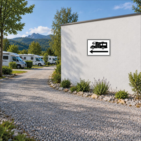 Wohnmobil-Wegweiser links an durchgehender Wand neben Campingplatzzufahrt – KI-generiertes Anwendungsbild