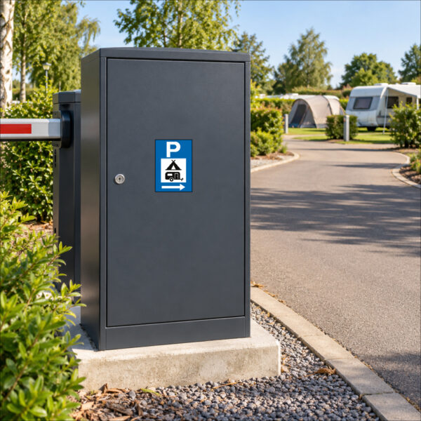 KI-generierte Anwendungsszene: P-Symbol mit Zelt, Wohnwagen und Pfeil nach rechts als Aufkleber auf dem glatten Einfahrtskasten vor der Rechtsabbiegung