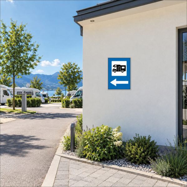 KI-generierte Anwendungsszene: Wohnmobil-Symbol und Pfeil nach links ohne P als Schild an einer ebenen Wand vor der linken Stellplatzzufahrt