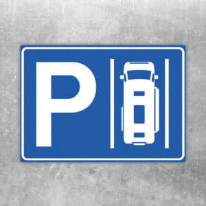 Originalmotiv: weißes P und Wohnmobil in der Draufsicht mit Stellplatzlinien auf Blau als Aufkleber