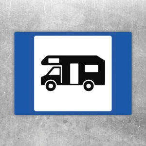 Originalmotiv: seitliche Wohnmobil-Silhouette im weißen Feld auf blauem Hintergrund als Aufkleber
