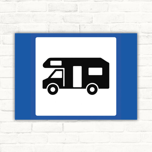 Originalmotiv: seitliche Wohnmobil-Silhouette im weißen Feld auf blauem Hintergrund als Schild