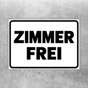 Originalmotiv: schwarzer Schriftzug ZIMMER FREI auf weißem Querformat mit schwarzem Rahmen als Aufkleber