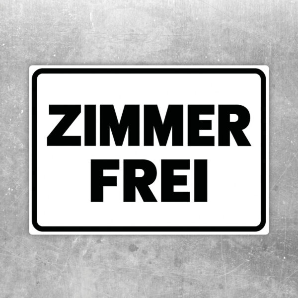 Originalmotiv: schwarzer Schriftzug ZIMMER FREI auf weißem Querformat mit schwarzem Rahmen als Aufkleber