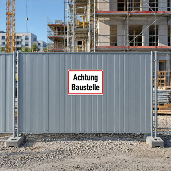 KI-generierte Anwendungsszene: schwarzer Text Achtung Baustelle auf weißem Querformat mit rotem Rahmen als Schild an einer ebenen durchgehenden Bauzaunfläche