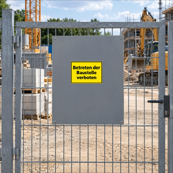 KI-generierte Anwendungsszene: schwarzer Text Betreten der Baustelle verboten auf gelbem Querformat mit schwarzem Rahmen als Schild an einer ebenen durchgehenden Bauzaunfläche