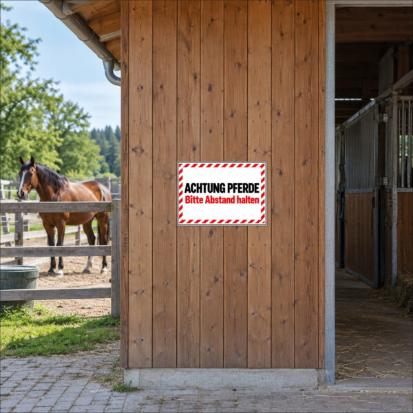 KI-generierte Anwendungsszene: ACHTUNG PFERDE und Bitte Abstand halten im rot-weißen Rahmen als Schild an einer ebenen geschlossenen Stallwand