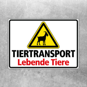 Originalmotiv: gelbes Warndreieck mit Ziegenkopf neben TIERTRANSPORT Lebende Tiere als Aufkleber