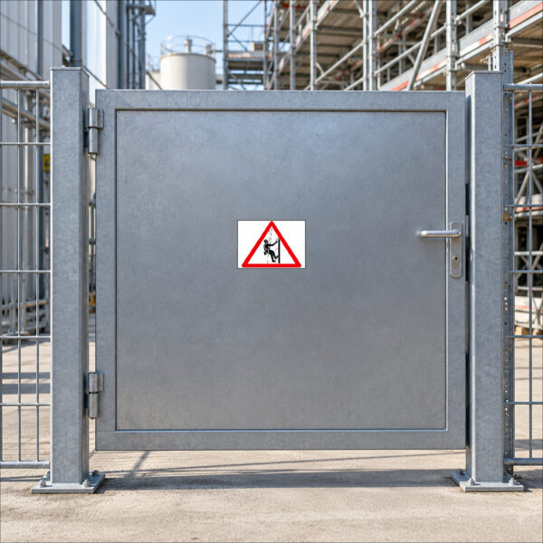 KI-generierte Anwendungsszene: rotes dreieckiges Warnzeichen mit seilgesichertem Industriekletterer ohne Text als Aufkleber auf einem glatten Bauzauntor