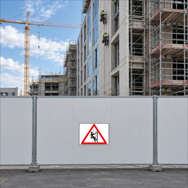 KI-generierte Anwendungsszene: rotes dreieckiges Warnzeichen mit seilgesichertem Industriekletterer ohne Text als Schild an einer ebenen Baustellenabsperrung vor der Arbeitsstelle