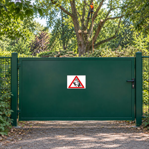 KI-generierte Anwendungsszene: rotes Warndreieck mit einer am Seil arbeitenden Person in einem Baum ohne Text als Aufkleber auf einem glatten Zugangstor am Arbeitsbereich