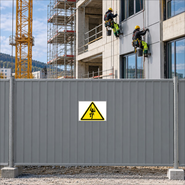 KI-generierte Anwendungsszene: gelbes Warndreieck mit schwarzer Silhouette eines Industriekletterers am Seil ohne Text als Schild an einer ebenen Baustellenabsperrung vor der Fassade