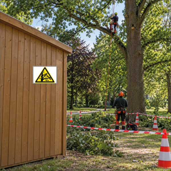 KI-generierte Anwendungsszene: gelbes Warndreieck mit schwarzer Silhouette eines Baumkletterers an Ästen ohne Text als Schild an einer ebenen Holzwand vor dem Baumarbeitsbereich
