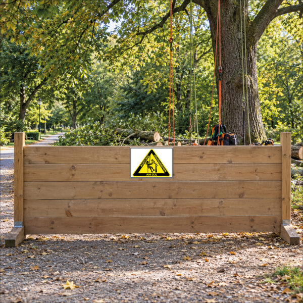 KI-generierte Anwendungsszene: gelbes Warndreieck mit Baumkletterer und ACHTUNG HÖHENARBEITEN AM SEIL als Schild an einer ebenen Holzabsperrung vor dem Baum