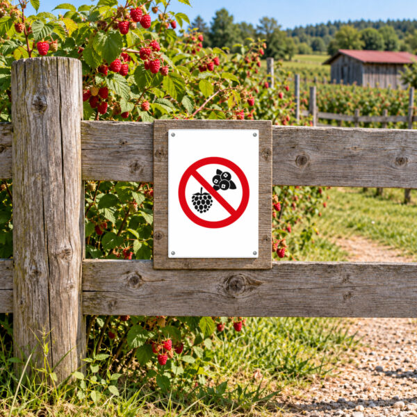 Beeren sammeln verboten als Schild, KI-generiertes Anwendungsbeispiel am Zugang zu einer Beerenfläche mit Sammelverbot