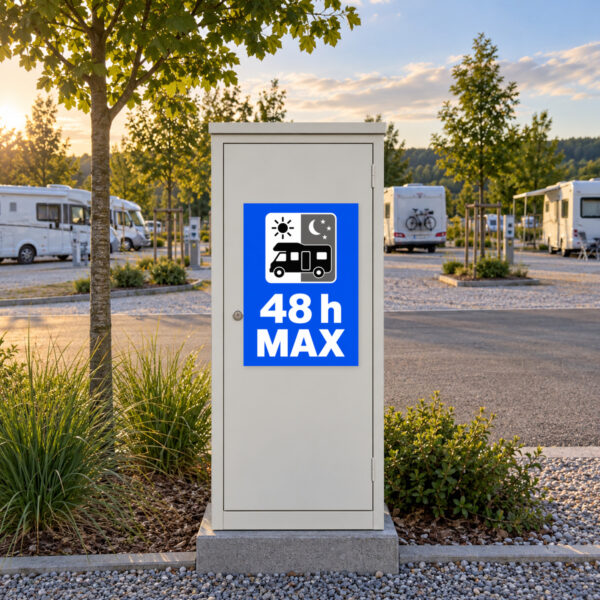 Wohnmobile: maximal 48 Stunden als Aufkleber, KI-generiertes Anwendungsbeispiel an einem Reisemobilstellplatz mit einer Höchstdauer von 48 Stunden