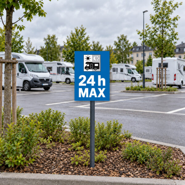 Wohnmobile: maximal 24 Stunden als Schild, KI-generiertes Anwendungsbeispiel an einem Reisemobilstellplatz mit einer Höchstdauer von 24 Stunden