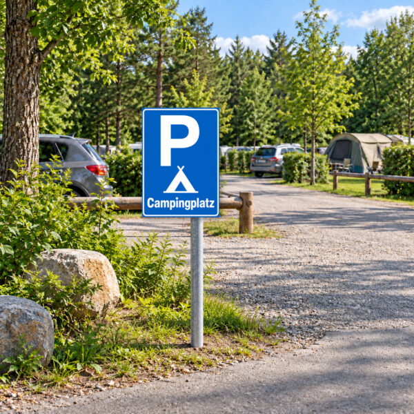 Campingplatz Parkplatz als Schild, KI-generiertes Anwendungsbeispiel an der Zufahrt zu einem Campingplatz mit Zeltbereich