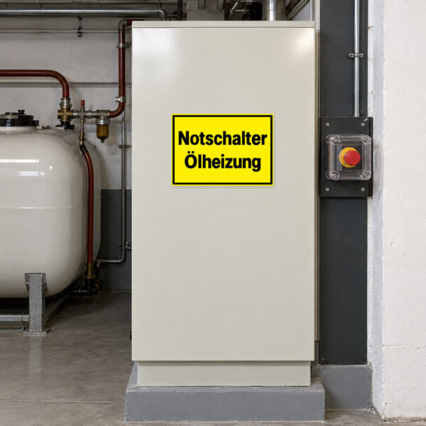 Notschalter Ölheizung als Aufkleber, KI-generiertes Anwendungsbeispiel unmittelbar beim entsprechend bezeichneten Schalter
