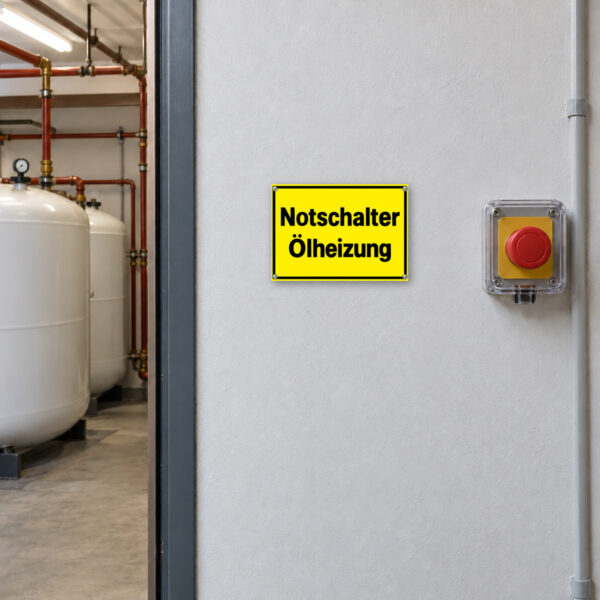 Notschalter Ölheizung als Schild, KI-generiertes Anwendungsbeispiel unmittelbar beim entsprechend bezeichneten Schalter