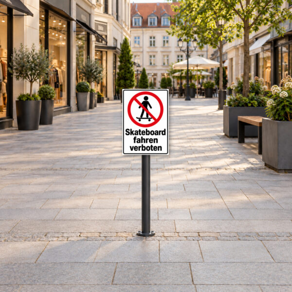 Skateboardfahren verboten als Schild, KI-generiertes Anwendungsbeispiel an einem Bereich, in dem Skateboardfahren untersagt ist