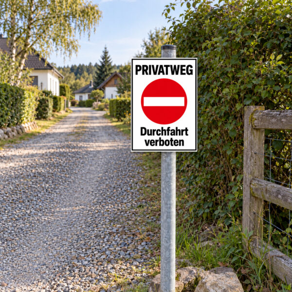 Privatweg – Durchfahrt verboten als Schild, KI-generiertes Anwendungsbeispiel am Zugang zu einem privaten Weg ohne erlaubte Durchfahrt