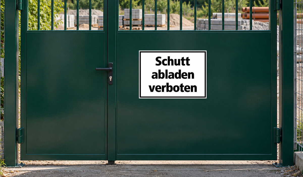 Schutt abladen verboten als Aufkleber, KI-generiertes Anwendungsbeispiel an einer Fläche, auf der kein Schutt abgeladen werden soll