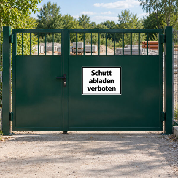 Schutt abladen verboten als Aufkleber, KI-generiertes Anwendungsbeispiel an einer Fläche, auf der kein Schutt abgeladen werden soll