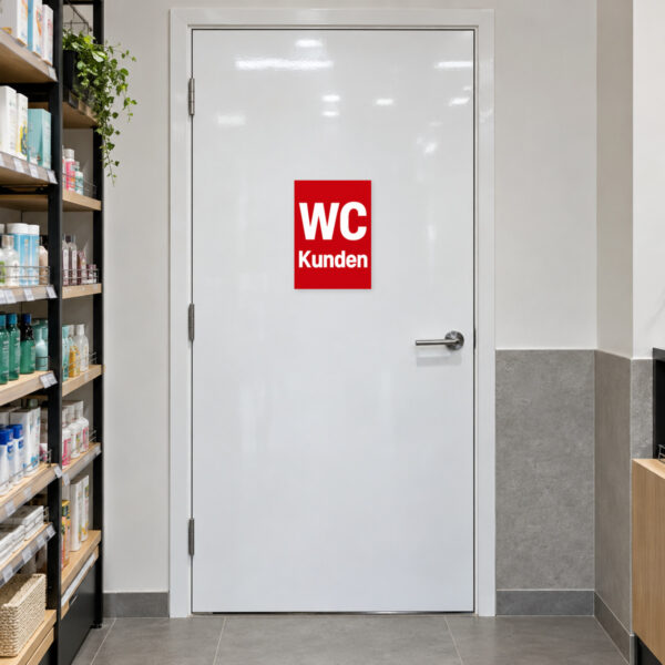 WC Kunden – Rot als Aufkleber, KI-generiertes Anwendungsbeispiel am Zugang zu einem tatsächlich für Kunden bereitgestellten WC