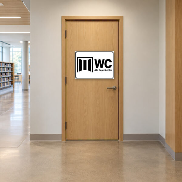 WC für alle Geschlechter als Schild, KI-generiertes Anwendungsbeispiel an einem WC-Zugang für alle Geschlechter