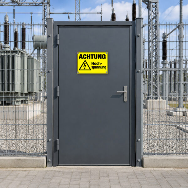 Achtung Hochspannung als Schild, KI-generiertes Anwendungsbeispiel am gesicherten Zugang zu einer tatsächlichen Hochspannungsanlage