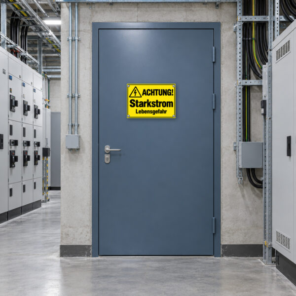Achtung Starkstrom – Lebensgefahr als Schild, KI-generiertes Anwendungsbeispiel am Zugang zu einer entsprechend gefährlichen Starkstromanlage