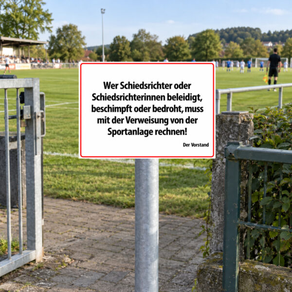 Schiedsrichter respektieren – Hinweis der Sportanlage als Schild, KI-generiertes Anwendungsbeispiel am Zugang einer Sportanlage mit entsprechender Vereinsregel