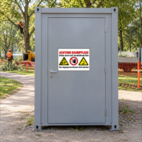 KI-generierte Anwendungsszene: Achtung Baumpflege – Gefahr durch eventuell herabfallende Äste – den abgesperrten Bereich nicht betreten als Aufkleber auf einer glatten Tür vor dem abgesperrten Arbeitsbereich