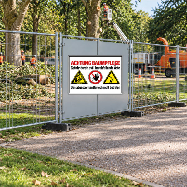 KI-generierte Anwendungsszene: Achtung Baumpflege – Gefahr durch eventuell herabfallende Äste – den abgesperrten Bereich nicht betreten als Schild auf einer geschlossenen Bauzauntafel am Arbeitsbereich