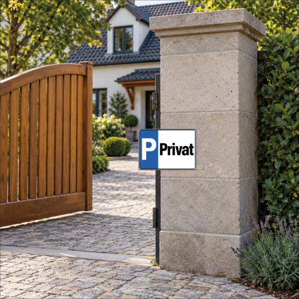 KI-generierte Anwendungsszene: P Privat als Schild am Steinpfeiler einer privaten Einfahrt