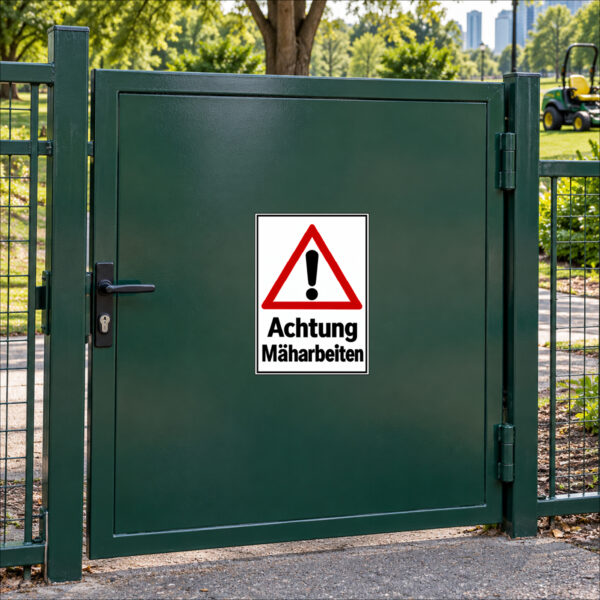 KI-generierte Anwendungsszene: Achtung Mäharbeiten als Aufkleber auf einer glatten grünen Zugangstür