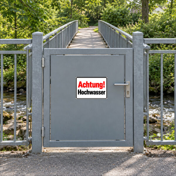 KI-generierte Anwendungsszene: Achtung! Hochwasser als Aufkleber auf einer glatten Metalltür am Wegzugang