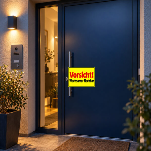 KI-generierte Anwendungsszene: Vorsicht! Wachsamer Nachbar als Aufkleber auf einer glatten Haustür
