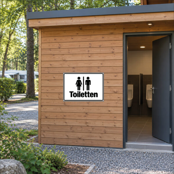 KI-generierte Anwendungsszene: Toiletten mit Damen- und Herren-Piktogrammen als Schild an der Holzwand neben den Toiletten