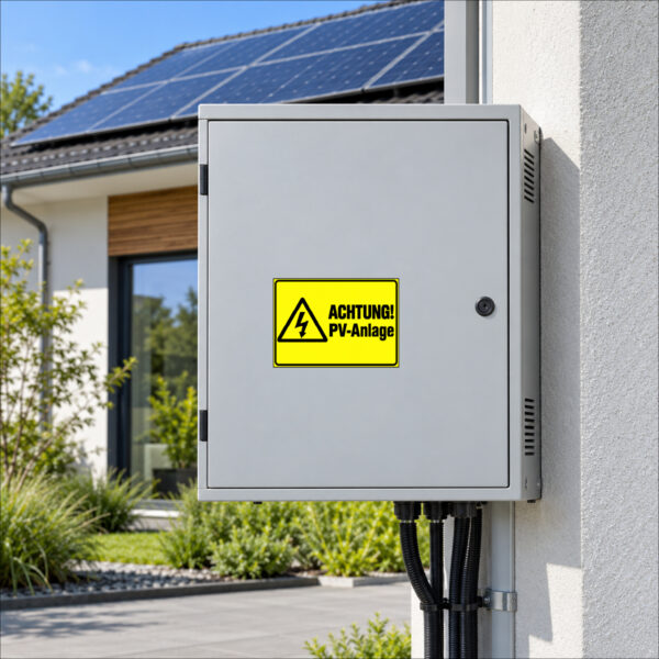 KI-generierte Anwendungsszene: ACHTUNG! PV-Anlage als Aufkleber auf einer glatten Tür des PV-Schrankes