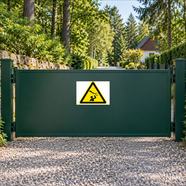 KI-generierte Anwendungsszene: Warnung vor herabfallenden Ästen als Aufkleber auf einem glatten Zugangstor