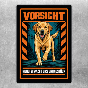 Labrador Retriever Aufkleber „Vorsicht – Hund bewacht das Grundstück“ im Actionstil – Hochformat – Produktansicht